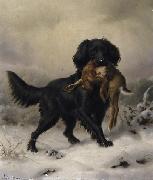 Johannes Deiker Schwarzer Setter apportiert Hasen in winterlicher Landschaft oil